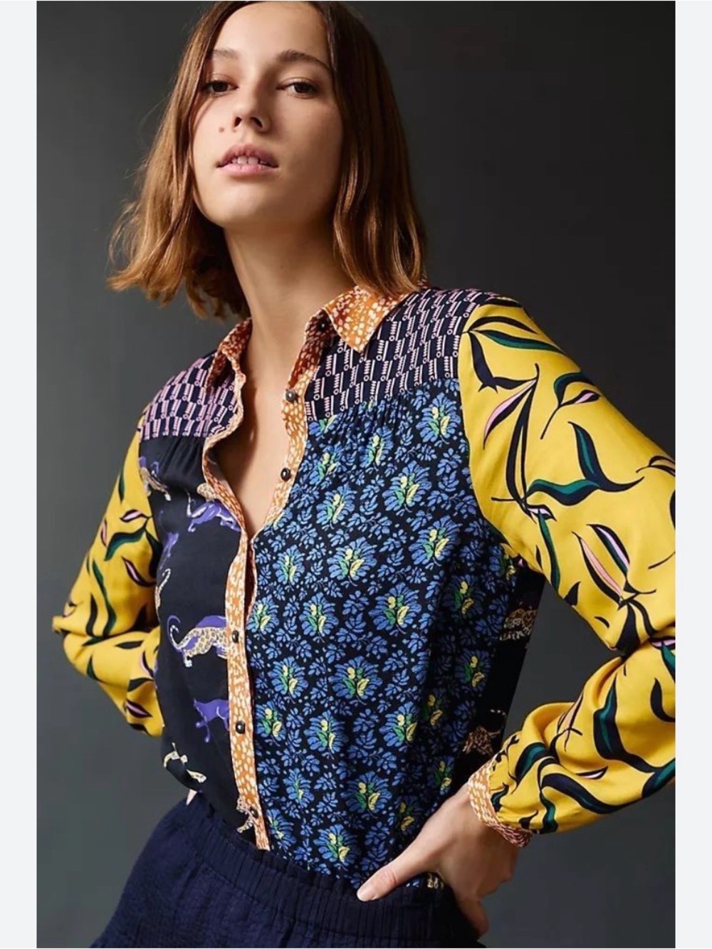 Anthropologie Mixed-Print Button-Down Shirt in Yellow, Navy and Blue